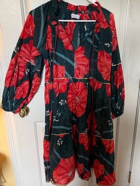 NWOT Naudic Molly Dress in Dark Teal/Red Floral with Gold Thread Detail